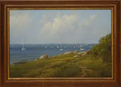 Frank Corso, Tranquil Harbor View, Oil on Board