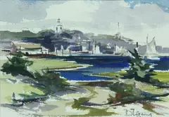 View of Nantucket Town from the Creeks by David Lazarus, Watercolor on Paper, offered Apr 2023