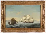 British Clipper Passing a Junk Off Hong Kong Harbor by Salvatore Colacicco, Oil on Mahogany Panel, offered Aug 2023