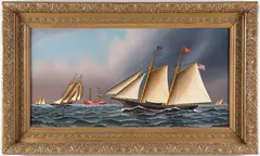 Five Sailing Vessels with the Nantucket Lightship by Jerome Howes, Oil on Board, offered Aug 2023