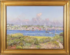 View of Nantucket Town and Harbor by Jan Pawlowski, circa 2005, Oil on Linen, offered Aug 2023