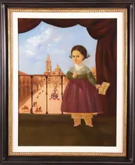 Horacio Rentería Rocha, Portrait of a Young Mexican Girl in Window of Town Square, Oil on Linen