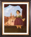 Horacio Rentería Rocha, Portrait of a Young Mexican Girl in Window of Town Square, Oil on Linen
