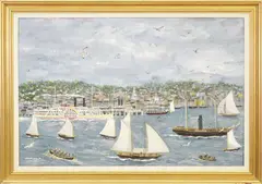 Fall River Harbor by Maxwell Mays, 1990, Gouache on Board, offered Aug 2023