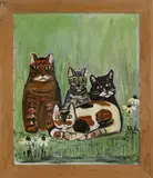 Katherine Seeler, Portrait of Four Cats in the Grass, Oil on Canvas