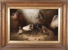 Edward George Armfield, Three Terriers By a Trap, Oil on Canvas