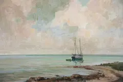 Joan Howe, Two-Masted Sailboat with Dinghy Anchored in a Peaceful Inlet, Oil on Canvas-Board