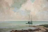 Two-Masted Sailboat with Dinghy Anchored in a Peaceful Inlet by Joan Howe, Oil on Canvas-Board, offered Jul 2022