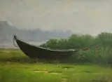Douglas Flackman, Skiff in Rosa Rugosa Bed, Oil on Linen