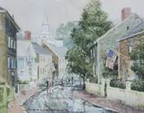 View of Union Street- Nantucket with Unitarian Church in the Distance by Donald Allen Mosher, Watercolor on Paper, offered Jul 2022