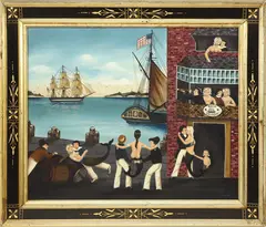 Ralph Eugene Cahoon Jr, Sailors Cavorting with Mermaids at Ship Tavern, Oil on Masonite