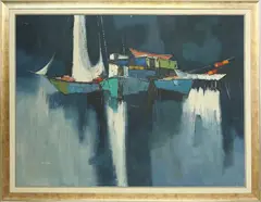 Boats Docked by Philip Burnham Hicken, Acrylic on Canvas, offered Dec 2022