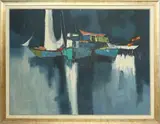 Philip Burnham Hicken, Boats Docked, Acrylic on Canvas