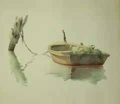Lone Dory Tied to Piling by Doris and Richard Beer, Watercolor on Paper, offered Dec 2022