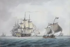 William Anderson, A British Man-O-War Amid Shipping off the Dutch Coast, Watercolor and Ink on Paper