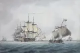 William Anderson, A British Man-O-War Amid Shipping off the Dutch Coast, Watercolor and Ink on Paper