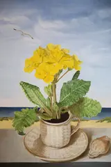 Yellow Primrose in a China Cup with Seashell by Phyllis Shetterly, Acrylic on Masonite, offered Aug 2022