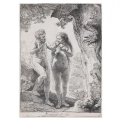 Rembrandt Harmensz van Rijn, Adam and Eve (Bartsch, Hollstein 28, Hind 159, New Hollstein 168), 1638, Etching on laid paper with partial Arms of Amsterdam watermark (Hinterding A.a)