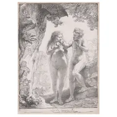 Rembrandt Harmensz van Rijn, Adam and Eve (Counterproof) (Bartsch, Hollstein 28, Hind 159, New Hollstein 168), 1638, Etching on laid paper, a counterproof, trimmed to platemark