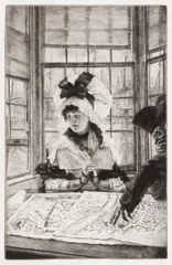 James Tissot, Histoire ennuyeuse; L'ambiteuse, from La femme à Paris (Wentworth 32; 77), 1878; 1885, Two etchings and drypoint on wove paper, first from the edition of 100, second with printed signature and from the unknown edition (Wentworth cites 500)