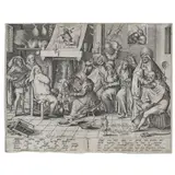 Hieronymus Bosch, Shrove Tuesday – Dutch Kitchen with Wafer-Bakery (Hollstein 25), 1567, Engraving on laid paper with indistinct watermark, Hollstein's first state (of 4), trimmed to the platemark