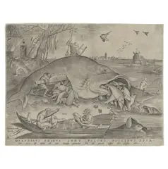 Pieter Bruegel the Elder, Big Fish Eat Little Fish (New Hollstein 31, Van Bastelaer 139, Lebeer 16), 1557, Engraving on laid paper with Gothic P watermark, New Hollstein's first state (of 4)