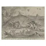 Pieter Bruegel the Elder, Big Fish Eat Little Fish (New Hollstein 31, Van Bastelaer 139, Lebeer 16), 1557, Engraving on laid paper with Gothic P watermark, New Hollstein's first state (of 4)