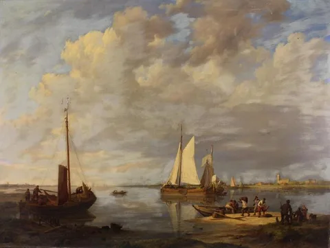 Johannes Hermanus Koekkoek, The Mouth of a Dutch River, with Sailing Barges and Figures, Oil on canvas