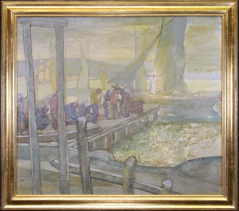Richard Edward Miller, Figure Appearing for People on the Dock, Oil on Board