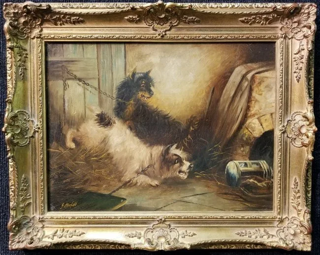 Edward George Armfield, zwei terrier verbellen ein maus im stall, Oil