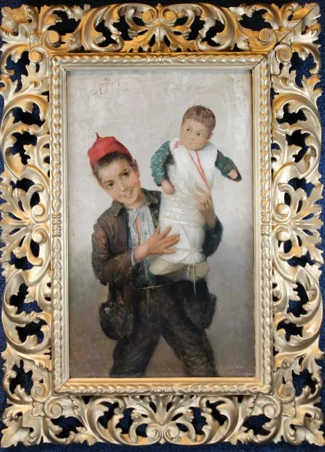 Cipriano Cei, Boy with Swaddled Child, Oil on Canvas