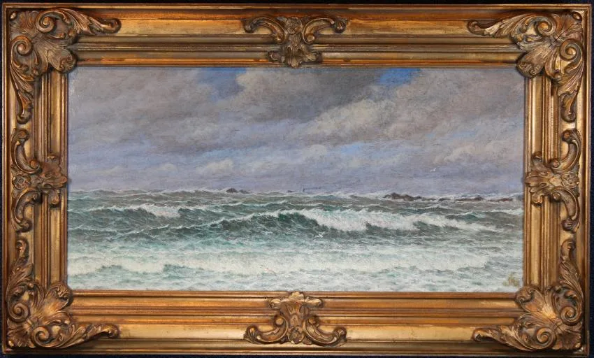 Breaking Waves and Distant Steamer - 1912 by Thomas Moran, Oil on Canvas, offered Mar 2019