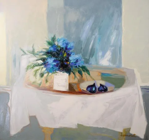 Claude Hemeret, Interior au Bouquet Bleu, Oil on Canvas