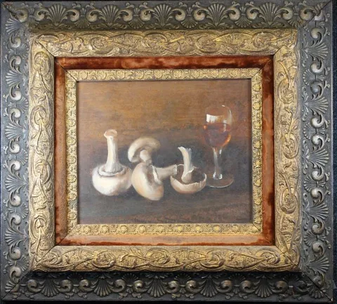 George Lance, Still Life with Mushrooms and Wine, Oil on Panel