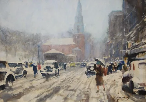 John Whorf, Blizzard, Park Street, Watercolor