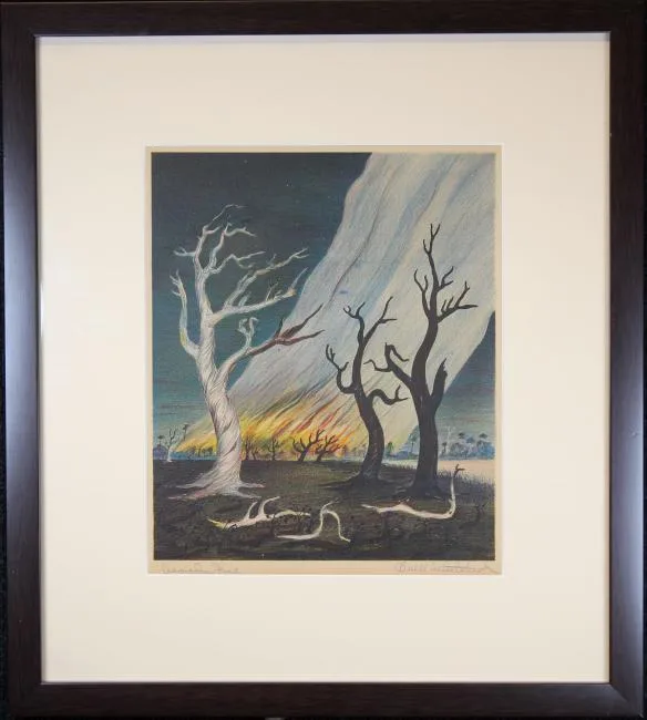 Woods Fire by Buell Whitehead, lithograph, sold Apr 2019