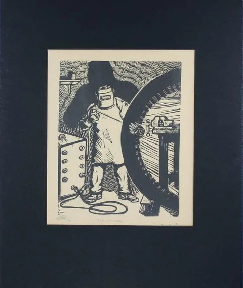 The Welder by Earl Marshawn Washington, woodcut, offered Apr 2019