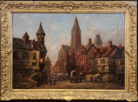Pierre Le Boeuff, The Market at Antwerp, Oil on Canvas