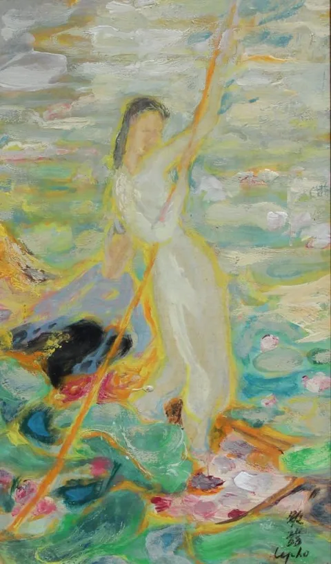 Le Pho, La Cueillette Des Lotus, Gouache on silk