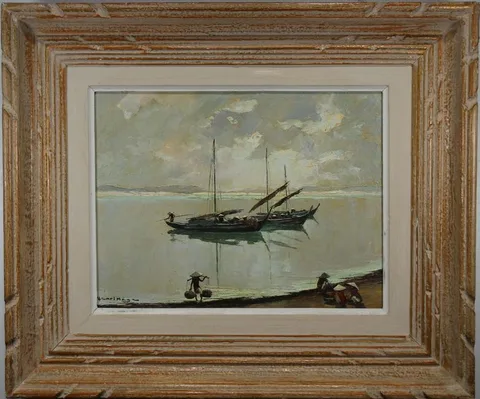 Henri Mege, Return of the Fishermen, 1954, Oil on Panel