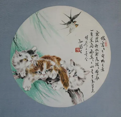 Sun Jusheng, Cats #5, Watercolor on Rice Paper