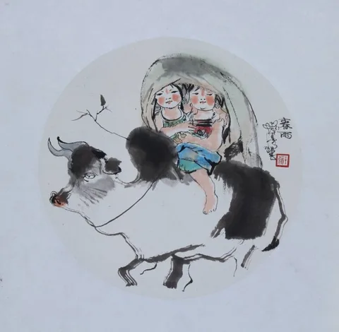 Cheng Shifa, Two Girls Riding Bull, watercolor on Illustration Board