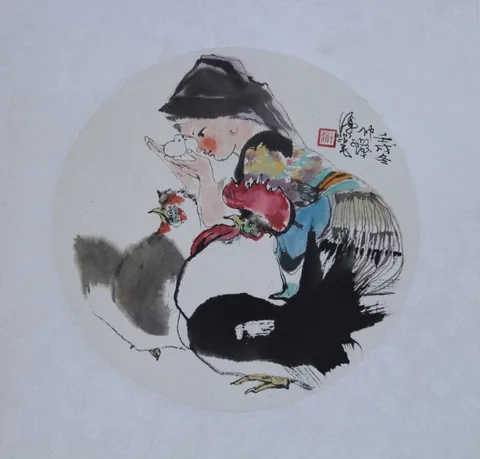 Cheng Shifa, Girls with Chicken & Rooster, Watercolor on Illustration Board