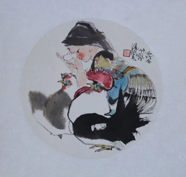 Cheng Shifa, Girls with Chicken & Rooster, Watercolor on Illustration Board