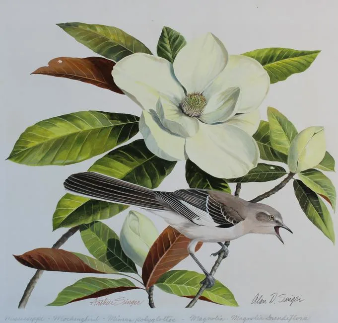 Mockingbird and Magnolia by Arthur B. Singer, Watercolor on Illustration Board, sold Mar 2020