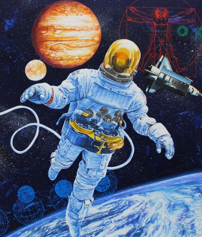 Astronaut Floating in Orbit by Chris Calle, Mixed Media on Illustration Board, sold Mar 2020