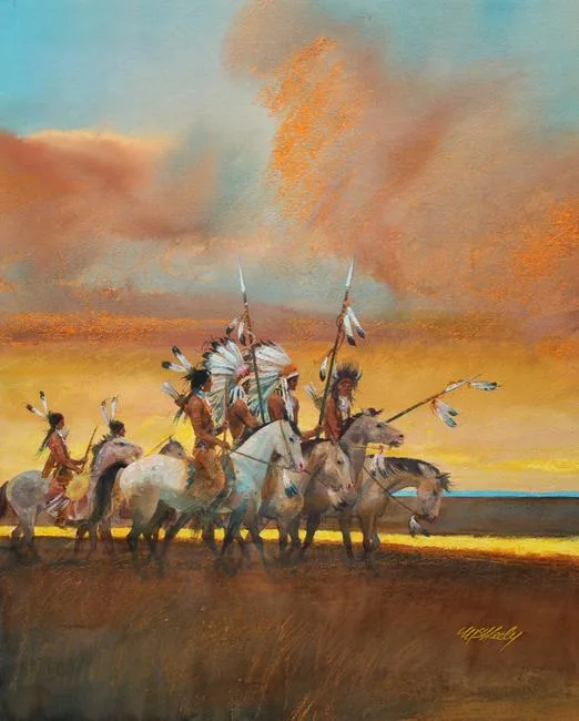 Assiniboine Indian Headdresses by Tom McNeely, Mixed Media on Paper, sold Mar 2020