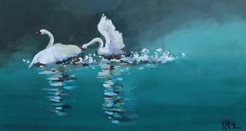 Wan Weisheng, Swans Battling in a Pond, Watercolor