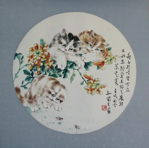 Sun Jusheng, Cats #2, Watercolor on Rice Paper