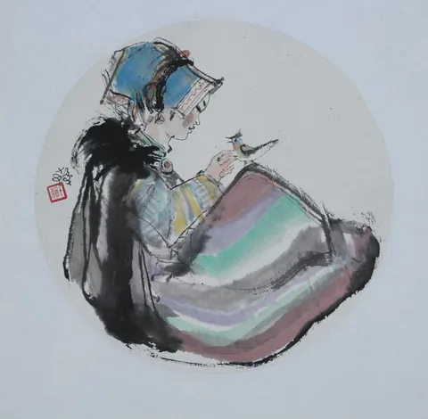Cheng Shifa, Girls with Bird, watercolor on Illustration Board